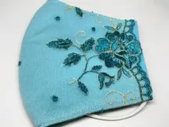 布マスク 裏地正絹 豪華レースブルー地の花柄刺繍 和服やドレスにも ハンドメイド