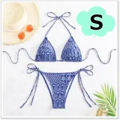 ブラジリアンビキニ ハイウエスト 水着 三角ビキニ セクシー 花柄ブルー S