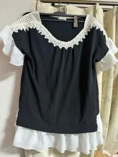 axes femme レースフリル 半袖カットソー ブラックのサムネイル