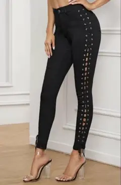 SHEIN レースアップサイド スキニージーンズ 編み上げスキニーパンツ 黒