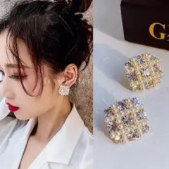 No.503 スクエアパールキラキラビジューピアス 韓国 量産型 地雷 上品