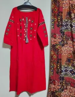ワンピース チュニック フレアワンピース エスニック刺繍 レッド赤 七分袖