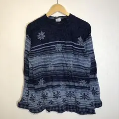 ネイビー グレー 雪の結晶ニットセーター 90's ヴィンテージ レトロ ロゴ