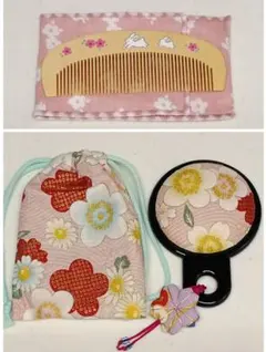 【まとめ売り】竹櫛 巾着 手鏡 ３点セット 和柄 花柄 桜 ポーチ くし 兎