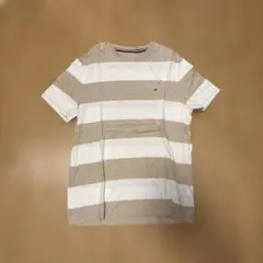 【トミーヒルフィガー】フラッグ刺繍 ボーダー Tシャツ M ベージュ×ホワイト