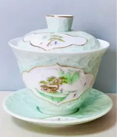 中国茶器　茶碗　湯呑み　蓋碗•広東潮州伝統形（薄緑色）有田焼き皿茶道具