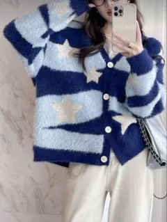 SHEIN フェイクファースターパターンカーディガンジャケット 青　ニット