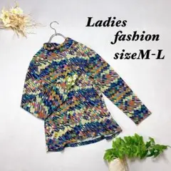 Ladiesfashion ハイネックシャツ 長袖 総柄【M-L】個性的 913