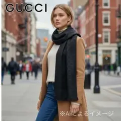 【冬物セール！】GUCCI ブラック ストール ・マフラー　シルク・ウールmix