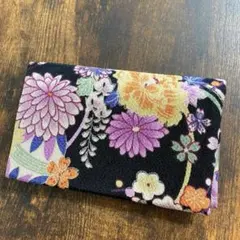 和柄 通帳ケース 花柄 黒色 ポーチちりめん 和雑貨 着物 菊 牡丹 桜 新品