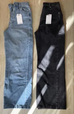 moment + デニム&ツイルハイウェストストレートパンツ