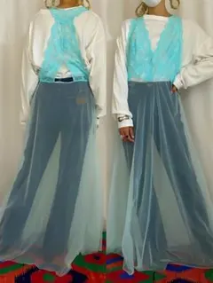 アンティーク ビンテージ 70s 水色 レース 花柄 ワンピース ドレス 美品