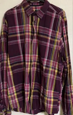 【美品】H&M メンズ　チェック柄長袖シャツ バーガンディ