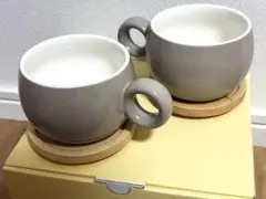 キャトルセゾン 陶器製マグカップ 2個セット グレー 木製蓋 ソーサー付き