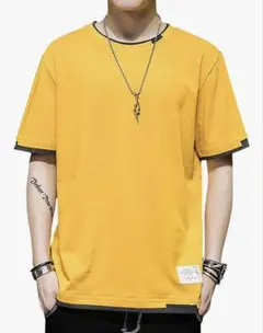 新品✨重ね着風 半袖Tシャツ メンズ(L〜XL)黄色 レイヤード ストリート