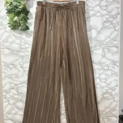 GU ストライプ ワイドパンツ ゴムウエスト Ꮮサイズ ブラウン ジーユー