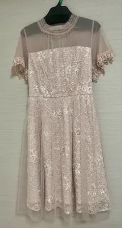 淡いピンク レース装飾 半袖ドレス Lサイズ