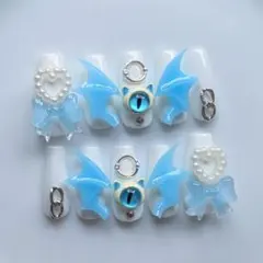 N145【現品】ネイルチップ 天使界隈 白 水色 悪魔 量産型 地雷系のサムネイル
