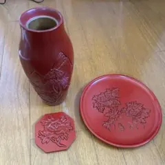 村上木彫堆朱　三種セット　花器　盆　花瓶　飾り台