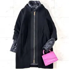 美品 ヘルノ Herno 異素材コンビ ウール切替 中綿コート ブラック 40