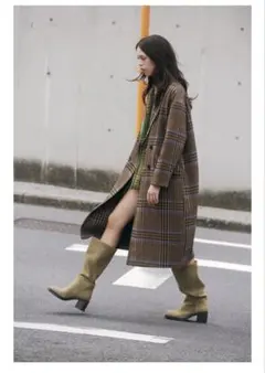 ブラウン系チェック ダブルブレスト ロングコート