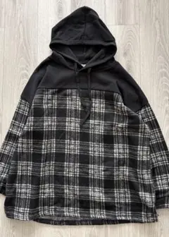 黒 チェック 裏起毛パーカー ニット 3L