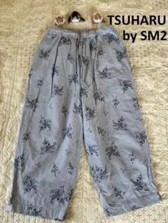 美品★綿麻平織総柄刺繍パンツ＊ブルー