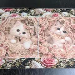 ⑤未使用　猫ちゃんパネル生地2枚＆薔薇蝶柄生地