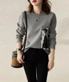 猫 イラスト付きグレー スウェット キャット トレーナー