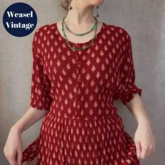 used エスニック総柄ワンピース 半袖 エンジ 半袖 ヴィンテージライク