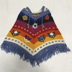 vintage 80s 90s レインボー 花柄 ニット フリンジ ポンチョ