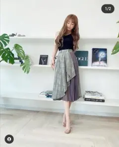 チェック 切替 シフォンプリーツ ベルト付き ラッフルスカート