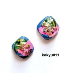 #011 ハンドメイドピアス　イヤリング　レジン　ブルー×ピンク×グリーン