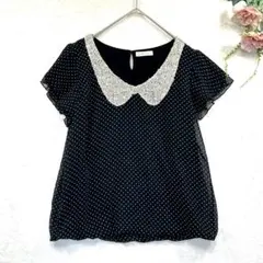 ペルラフリーム　シフォンブラウス　半袖　ドット柄　ビーズ襟　フリル袖　ブラックのサムネイル