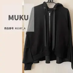 muku ムク　ウエストフリルパーカー　フード付き　ジップパーカー　ブラック