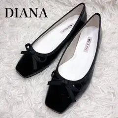 【未使用】DIANA ブラック フラットシューズ エナメル スクエアトゥ リボン