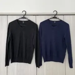 【まとめ売り】ユニクロ　メリノダークグレー・ブルー Vネックニット 2枚セット