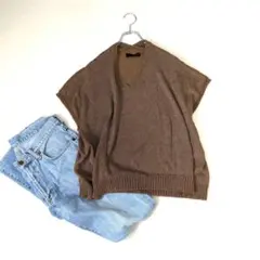 【PARIGOT/パリゴ】リネン混ラメ入 ゆったりニットベスト『F』美品　重ね着