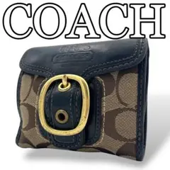 【価格相談◎】美品 コーチ 二つ折り財布 シグネチャー レザー バックル 黒