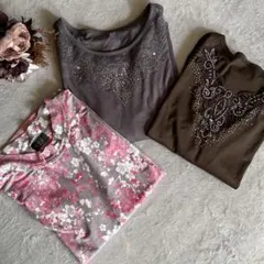 7分袖カットソー【M】セット売り✿3着セット✿梅✿ラインストーン✿華やか✿着回し