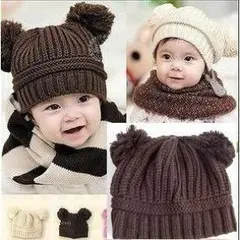 ダブルボンボン♪　ニット帽　ベビーニット帽 (ブラウン)