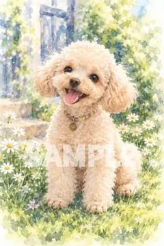 犬の油絵風アートポスター トイプードル 海辺の風景 犬の絵 A4