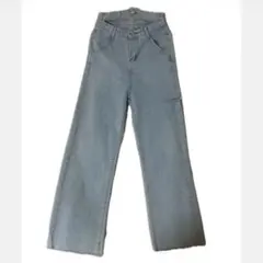 SHEENA Wハイウエスト ダメージデニム ワイドパンツ サックスブルー S