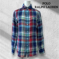 ポロラルフローレン　長袖シャツ　リネン　マドラスチェック　ポニー刺繍　S〜M相当