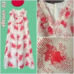 レトロポップ︎✦︎ヴィンテージEU古着︎✦︎白 赤い花柄︎✦︎フリル︎✦︎ノースリーブワンピース