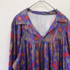 希少✨️ヴィンテージ 総柄 幾何学模様 膝丈ワンピース パープル レトロ 古着