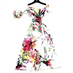 ★未使用級　ローラアシュレイ　ミモレ丈ワンピース　アート水彩画❤︎花柄　伸縮　XL