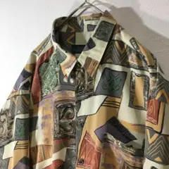 【個性派古着】長袖総柄デザインシャツ　アート柄　マルチカラー メンズ L