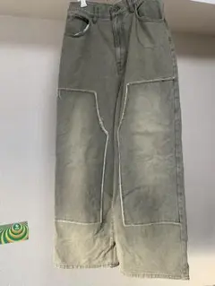 ヴィンテージ加工 パッチワーク デニムパンツ カーキ
