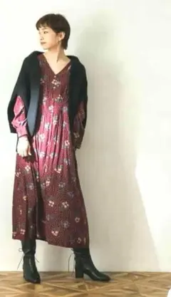 アーバンリサーチ　花柄シャツワンピース　長袖　ロング　Vネックフレア　ドット　F